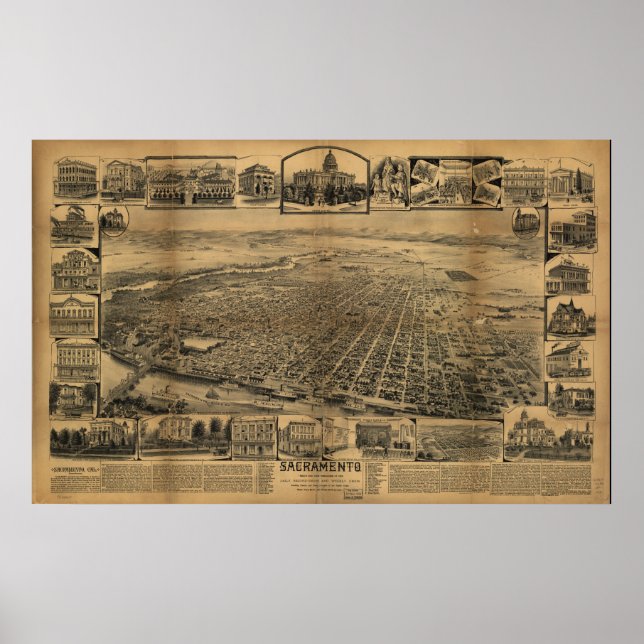 Poster Mapa Antiquado Panorâmico de Sacramento California (Frente)