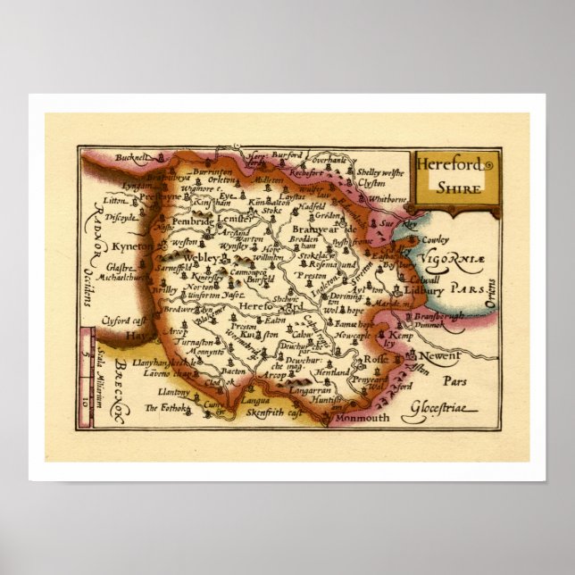 Poster Mapa Antiquário do Condado de Herefordshire Inglat (Frente)