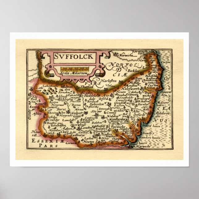 Poster Mapa Antiquário do Condado de Suffolk (Suffolck) I (Frente)