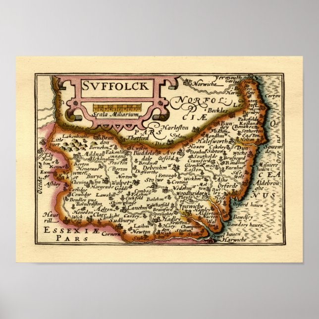 Poster Mapa Antiquário do Condado de Suffolk (Suffolck) I (Frente)