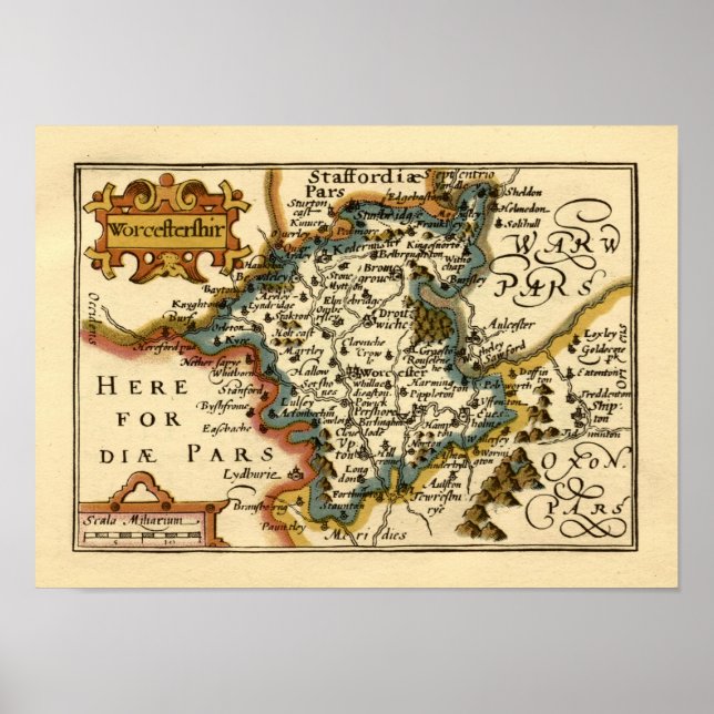 Poster Mapa Antiquário do Condado de Worcestershire, Ingl (Frente)
