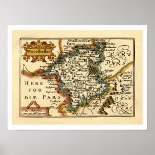Poster Mapa Antiquário do Condado de Worcestershire, Ingl