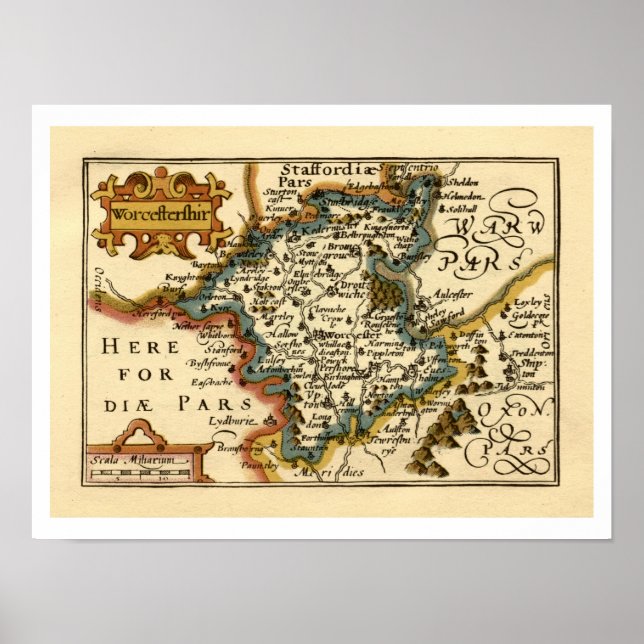 Poster Mapa Antiquário do Condado de Worcestershire, Ingl (Frente)