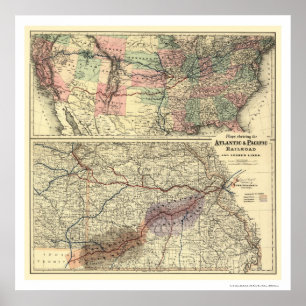 Pôster Mapa atlântico & pacífico 1873 da estrada de fer