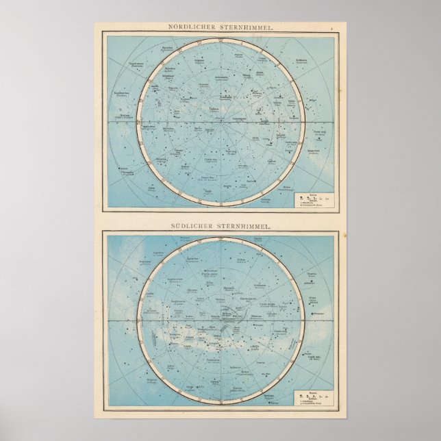 Pôster Mapa Atlas Celeste do Céu N, S Estelar (Frente)