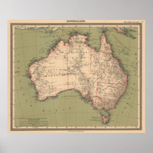 Poster Mapa australiano da topografia do vintage (1888)