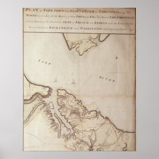 Pôster Mapa britânico do cerco de Yorktown, 1781 (Frente)