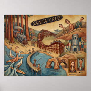 Poster Mapa Caprichoso de Santa Cruz Califórnia UCSC Boar
