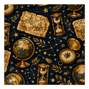 Pôster Mapa Celestial Vintage e Padrão de Astronomia