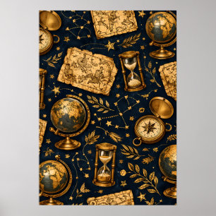 Poster Mapa Celestial Vintage e Padrão de Astronomia