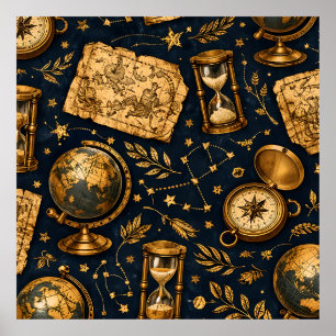 Poster Mapa Celestial Vintage e Padrão de Astronomia