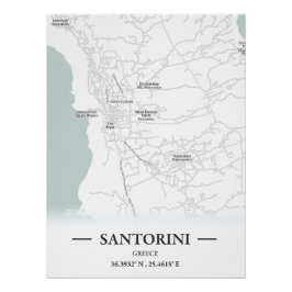 Pôster Mapa clássico da cidade de Santorini, Grécia