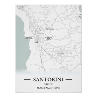 Pôster Mapa clássico da cidade de Santorini, Grécia