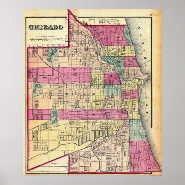 Poster Mapa Colorido Antigo de Chicago (Frente)