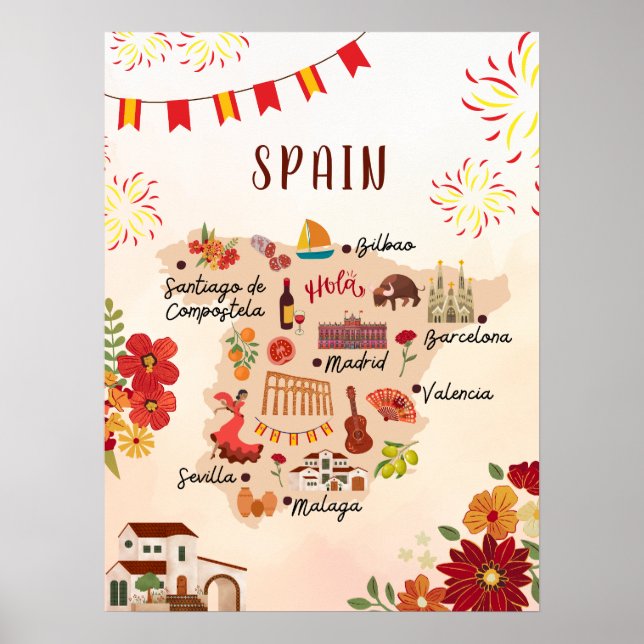 Poster Mapa colorido de viagem da Espanha (Frente)