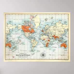 Poster Mapa comercial antigo do mundo