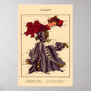 Poster Mapa Cômico da Alemanha Litografia Vintage 860s