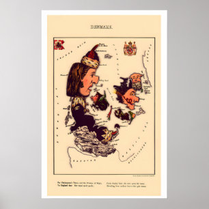 Poster Mapa Cômico da Dinamarca Litografia Vintage Anos 1