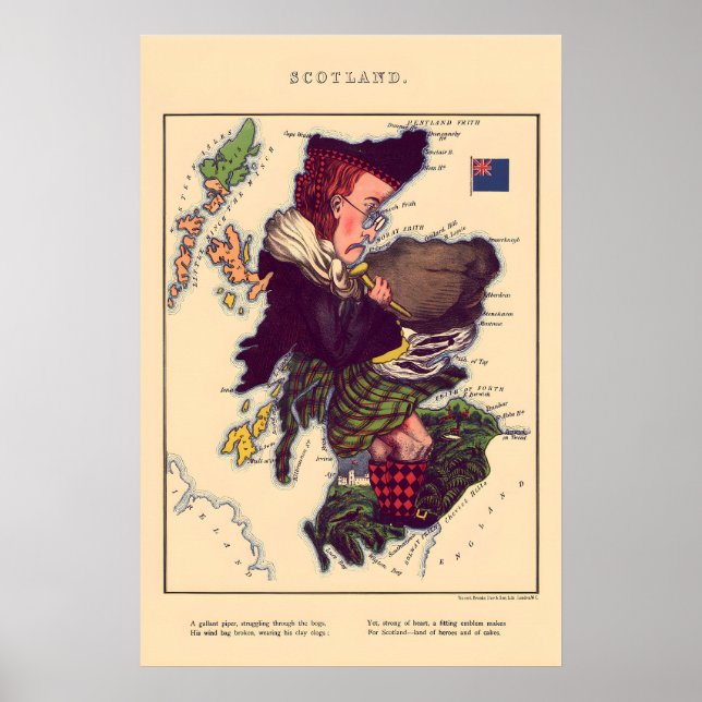 Poster Mapa Cômico da Escócia Litografia Vintage 860s (Frente)