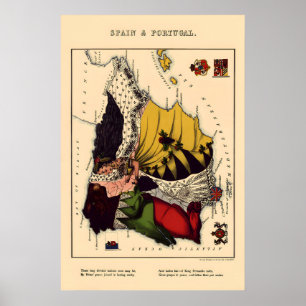 Poster Mapa Cômico da Espanha e Portugal Vintage