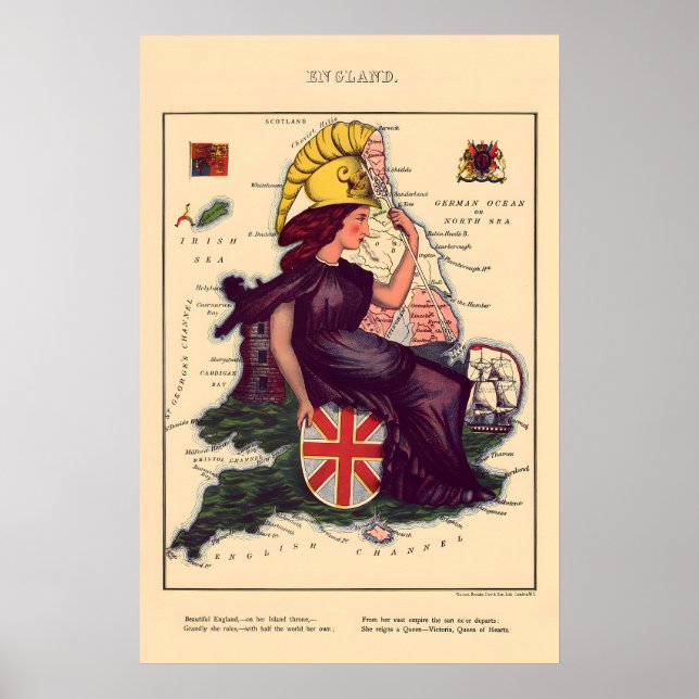 Poster Mapa Cômico da Inglaterra Litografia Vintage 1860s (Frente)