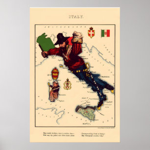 Poster Mapa Cômico da Itália Litografia Vintage 860s - En
