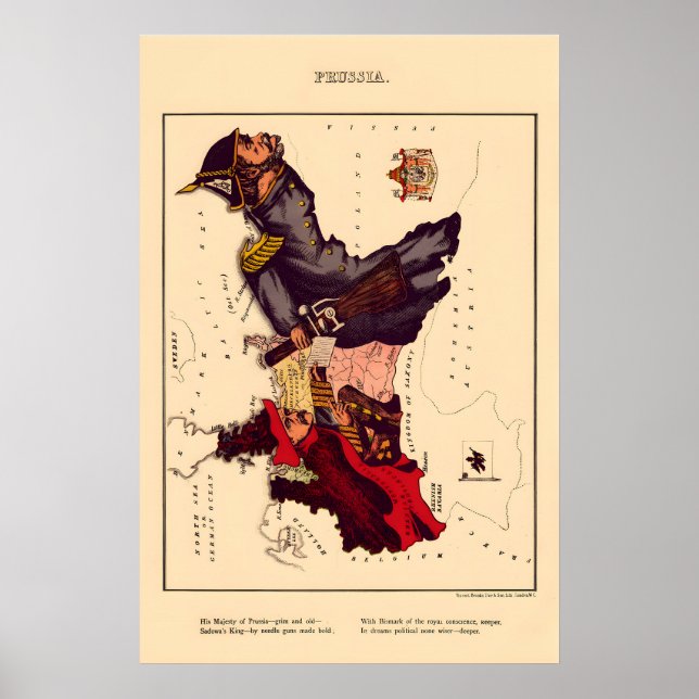 Poster Mapa Cômico da Prússia Litografia Vintage 1860s (Frente)