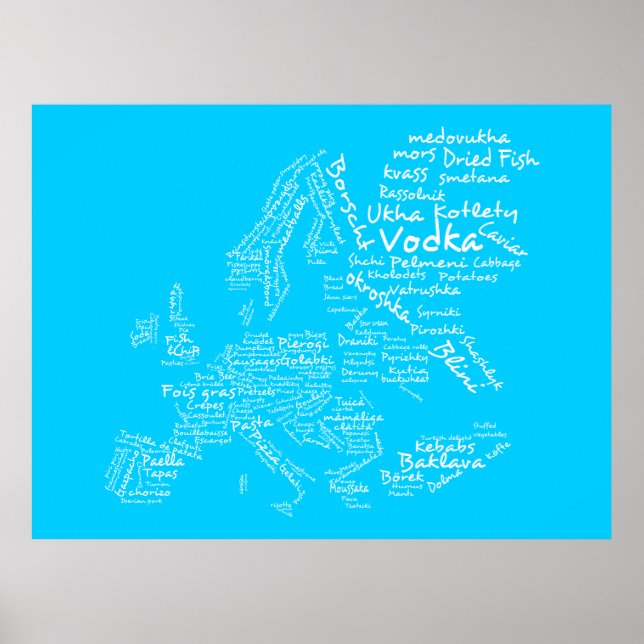 Pôster Mapa comida da Europa (Azul) (Frente)