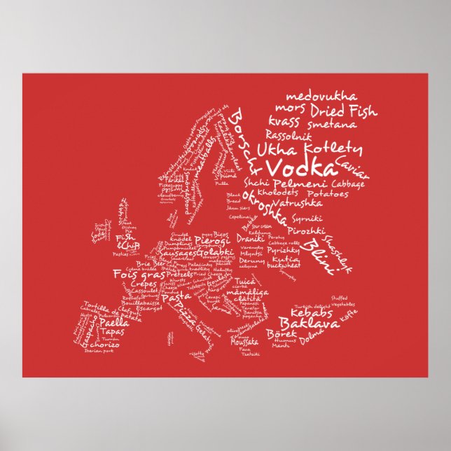 Pôster Mapa comida da Europa (Vermelho) (Frente)