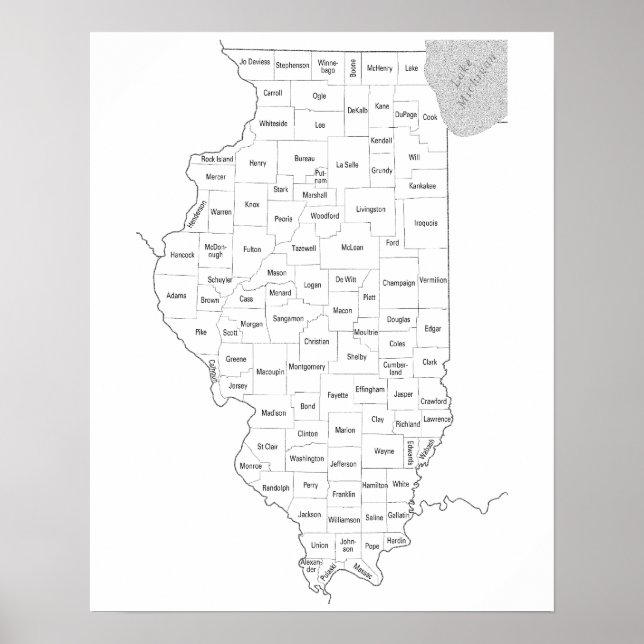 Pôster Mapa-contorno do Estado de Illinois com condados (Frente)