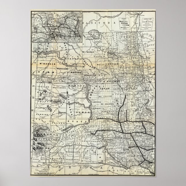 Pôster Mapa correto de Dakota (Frente)