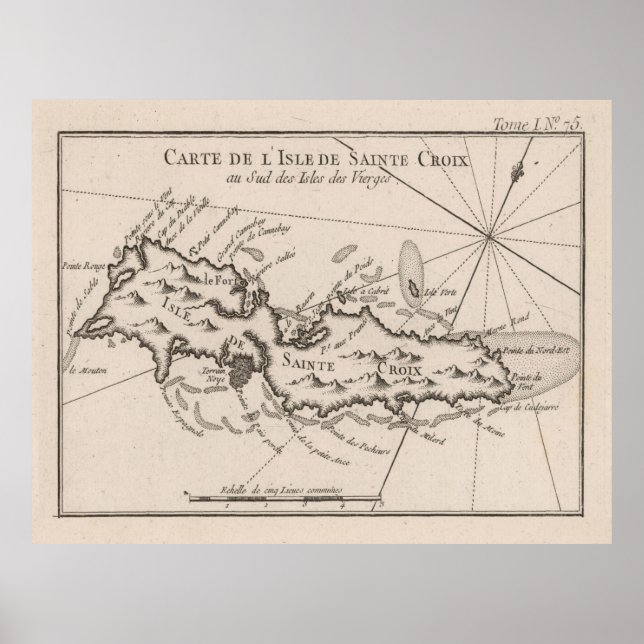Poster Mapa Croix (1764) das antigas Ruas das Ilhas Virge (Frente)