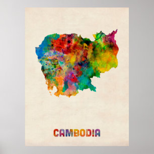 Pôster Mapa da aguarela de Cambodia