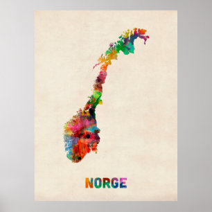 Pôster Mapa da aguarela de Noruega