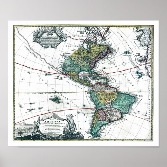 Pôster Mapa da América do Sul e do Norte de 1725 (Frente)