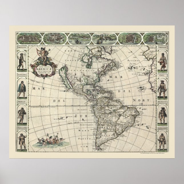 Poster Mapa da América por Frederick de Wit 1660 (Frente)