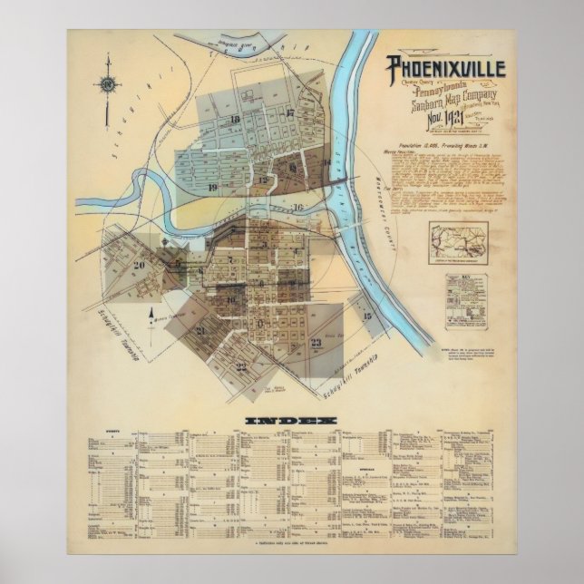 Poster Mapa da AP da cidade de Phoenixville em 1921 (Frente)