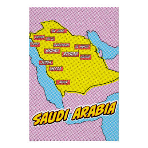 Pôster Mapa da Arábia Saudita ilustrado em Pop Art
