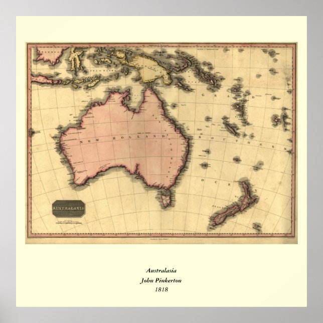 Pôster Mapa da Australásia de 1818 - Austrália, Nova Zelâ (Frente)