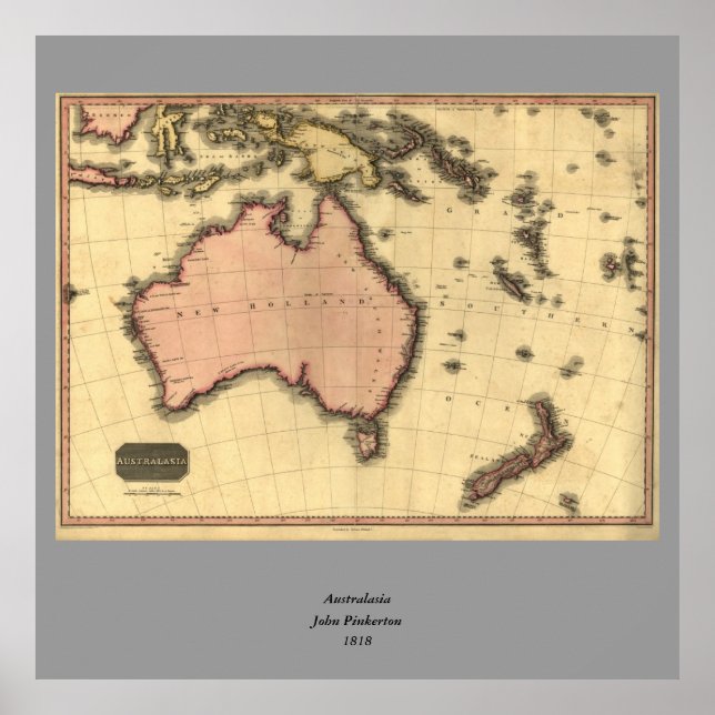 Pôster Mapa da Australásia de 1818 - Austrália, Nova Zelâ (Frente)