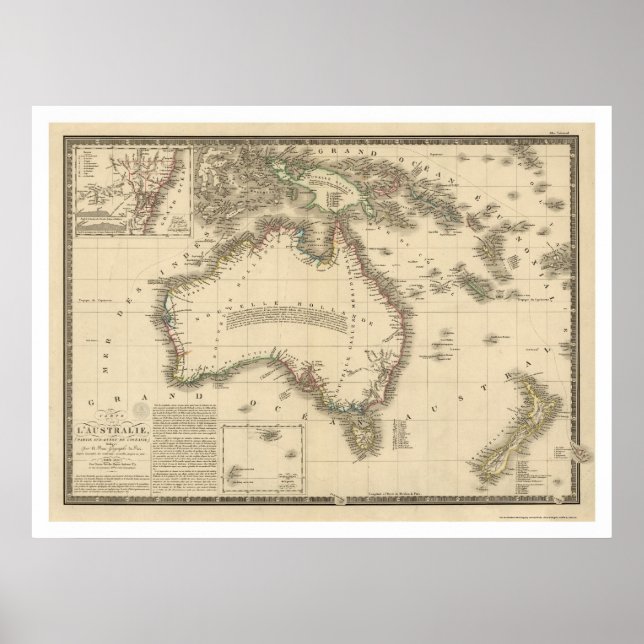 Pôster Mapa da Austrália desenhado por Adrien Hubert Brue (Frente)