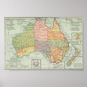 Poster Mapa da Austrália e da Nova Zelândia de 1907