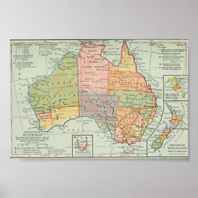 Poster Mapa da Austrália e da Nova Zelândia de 1907 (Frente)
