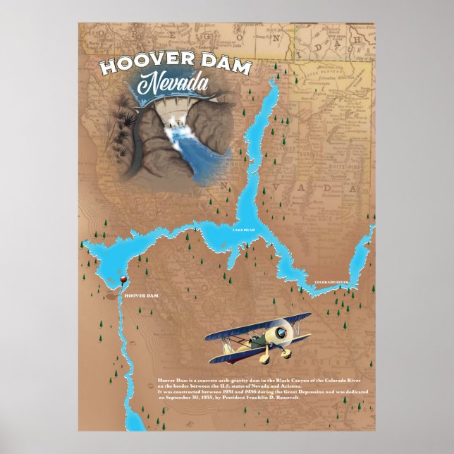 Poster Mapa da Barragem Hoover Nevada (Frente)