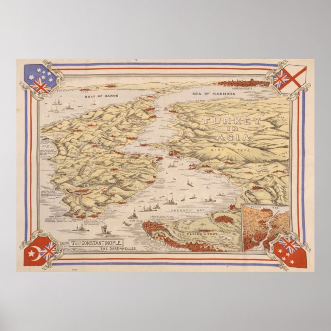 Poster Mapa da Campanha de Vintage Gallipoli (1915) Darda (Frente)