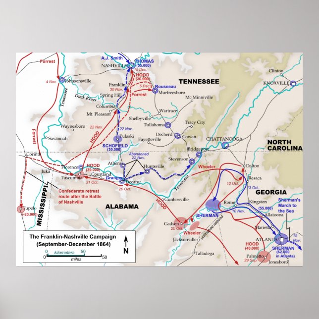 Pôster Mapa da Campanha Franklin Nashville para a Guerra  (Frente)