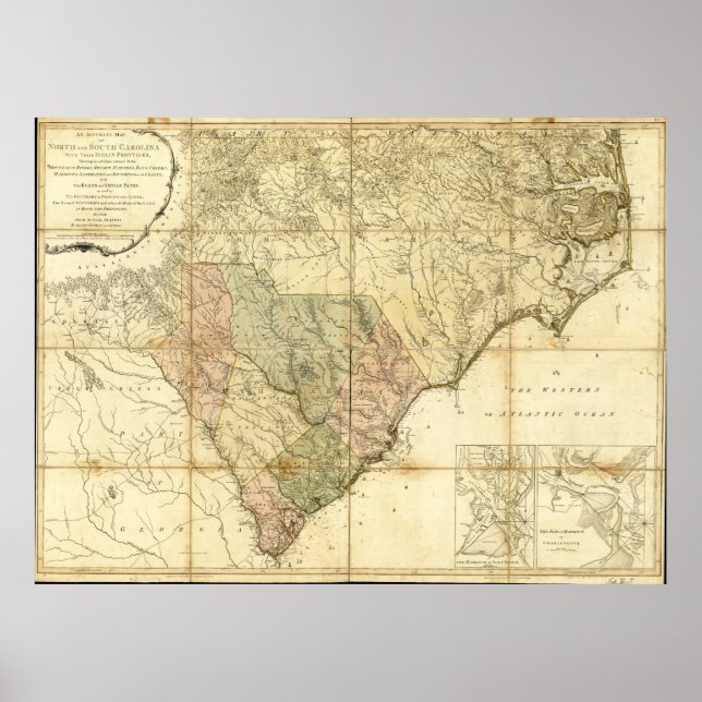 Pôster Mapa da Carolina do Norte e do Sul (1775) (Frente)