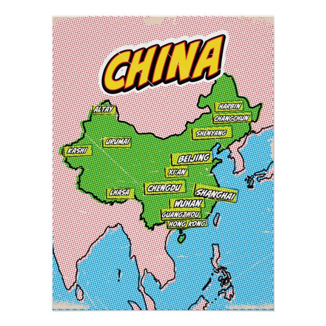 Pôster Mapa da China ilustrado em Pop Art (Frente)
