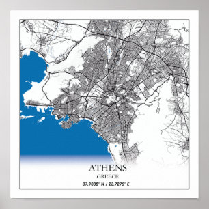 Poster Mapa da cidade da Grécia de Atenas - Mínimo Simp