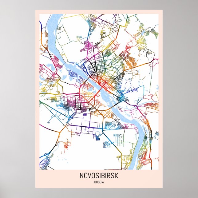 Poster Mapa da cidade da Rússia de Novosibirsk (Frente)